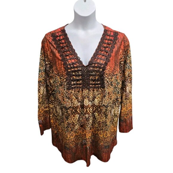 One World  Womens Plus 3X Multicolor Ombre Tunic Top V Neck Crochet Trim Boho - Picture 2 of 9